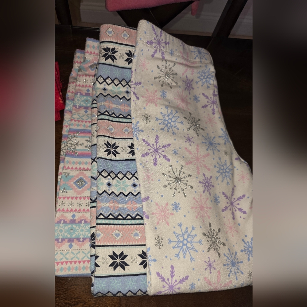 Girls Leggings Pastel Snowflake Geometric Pattern Leggings Size 7 EUC - Set of 3
